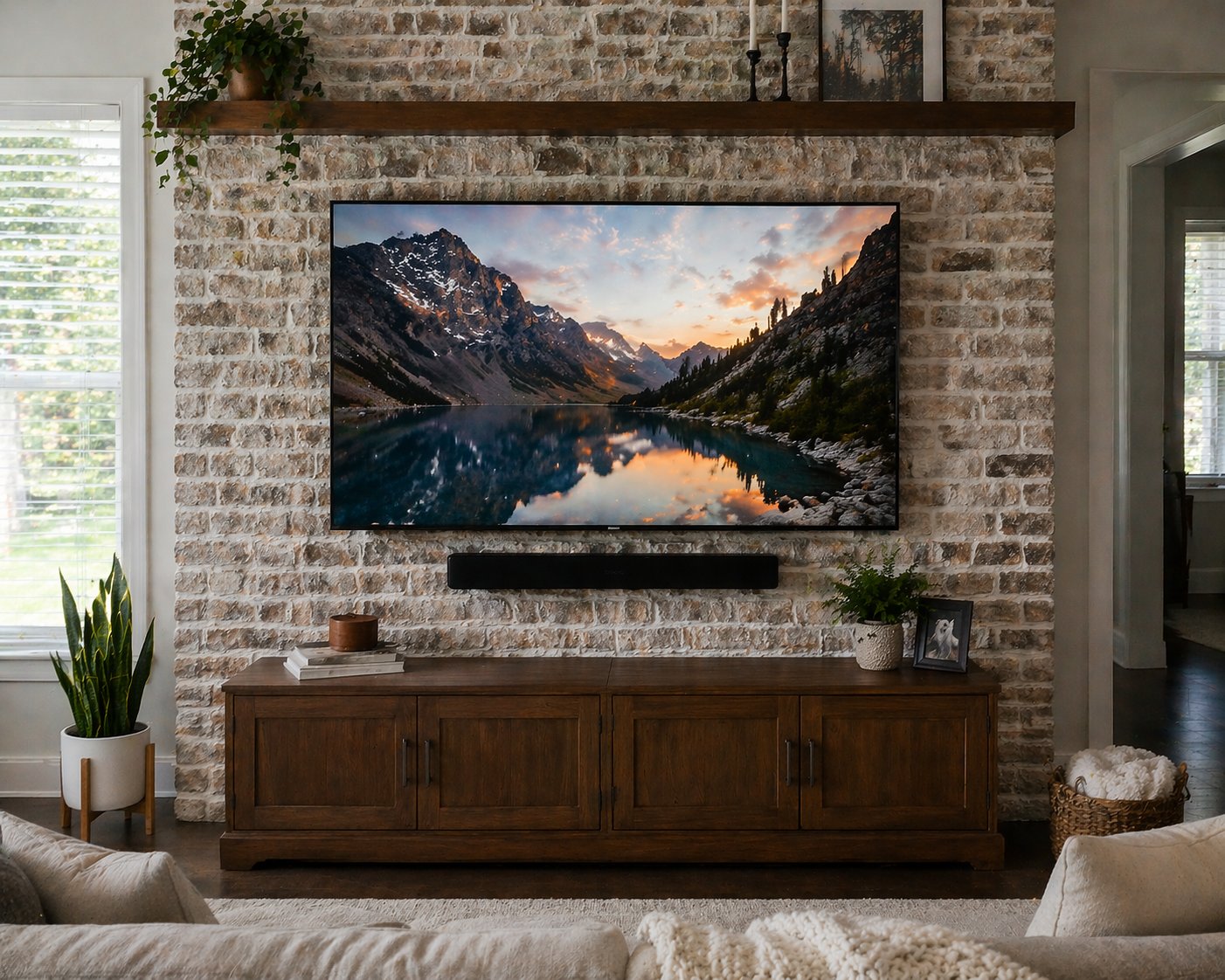 TV mounted over brick fireplace