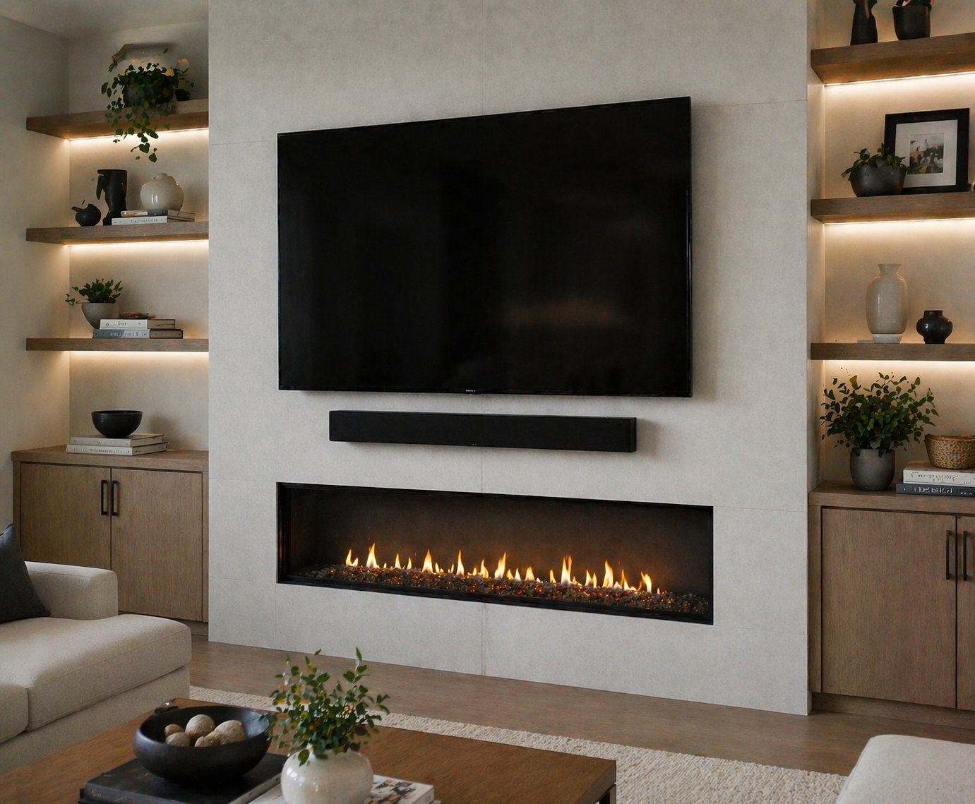 TV over brick fireplace with soundbar