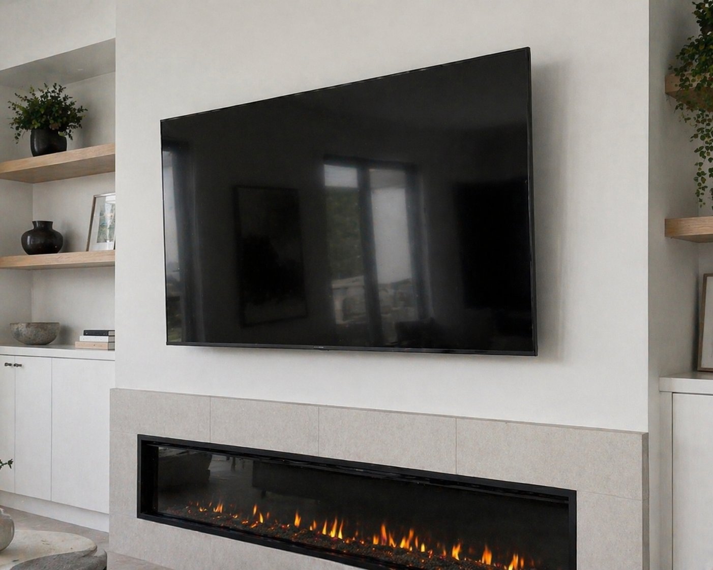 TV above modern fireplace