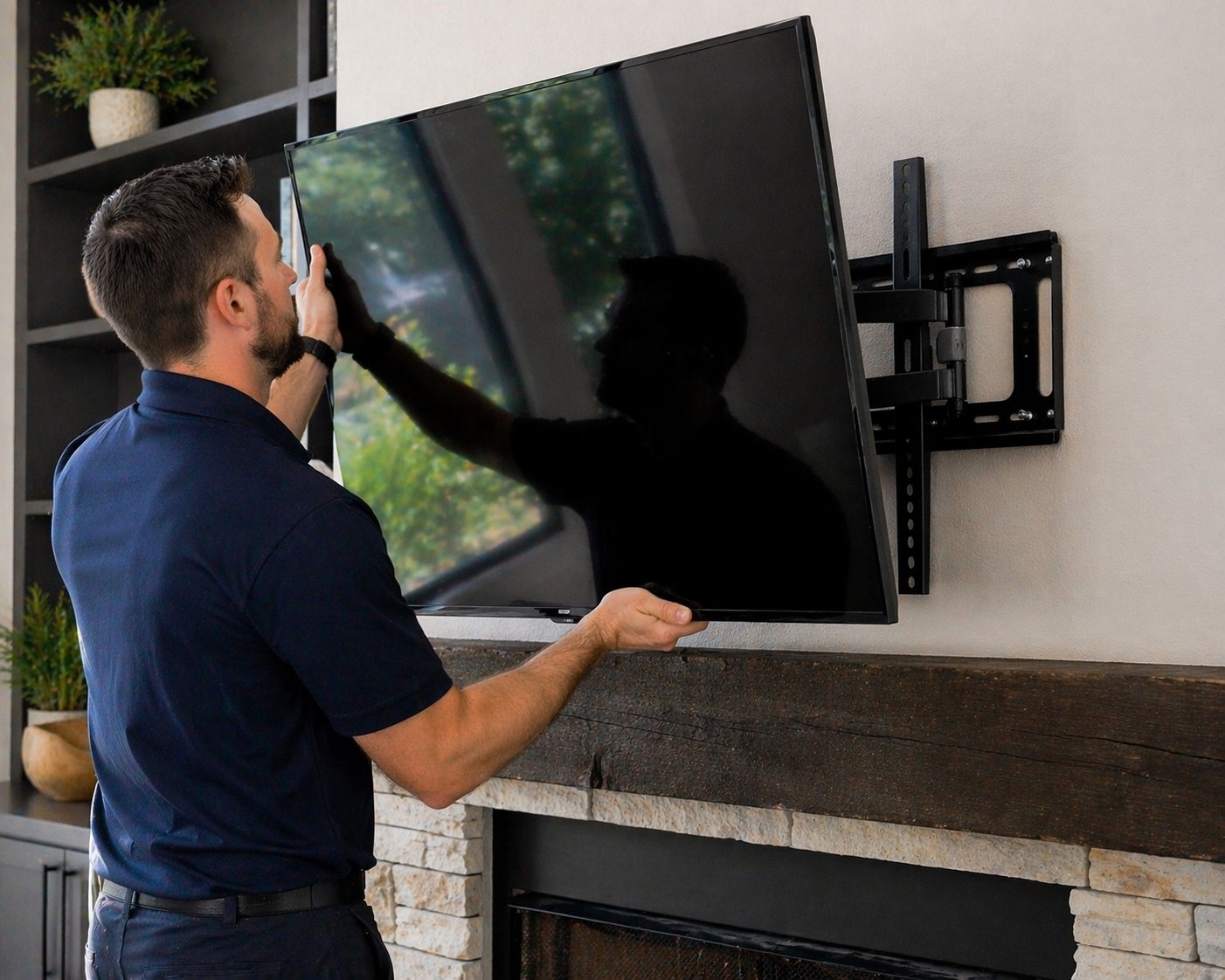 Technician hanging TV on mount
