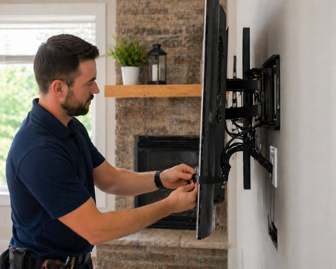 Technician managing cables carefully